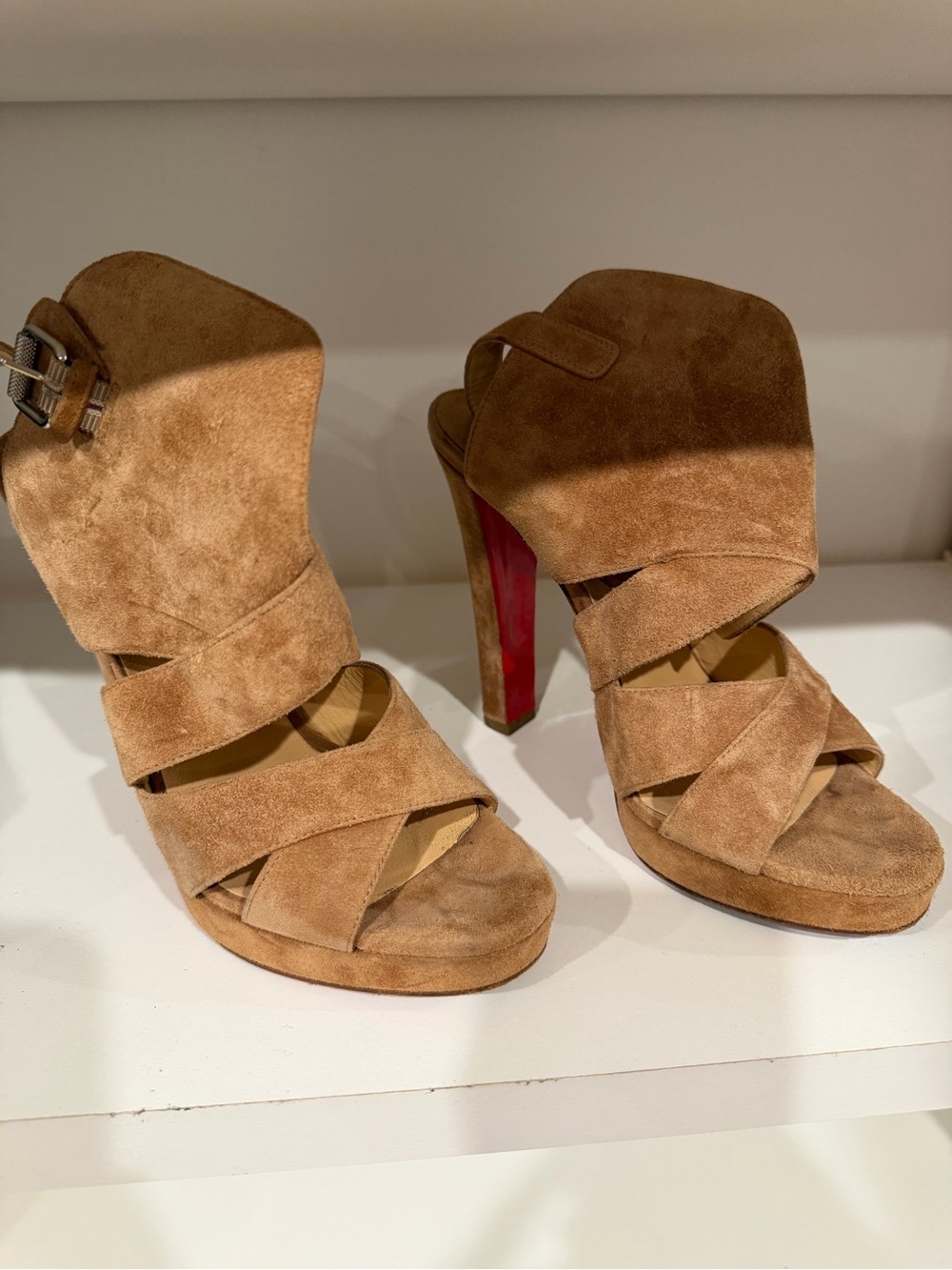 Christian Louboutin Tan Suede Open-Toe High Heel Sandals with Red Sole